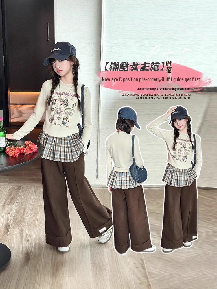 Girls' Trendy Autumn Outfit: Stylish Sweatshirt & Flap Pants Two-Piece Set