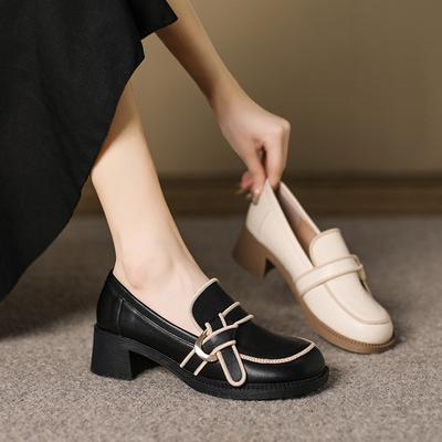 Women's Bow Shallow Mouth Casual Thick Heel Small Leather Shoes Style College Thick Heel Shoes