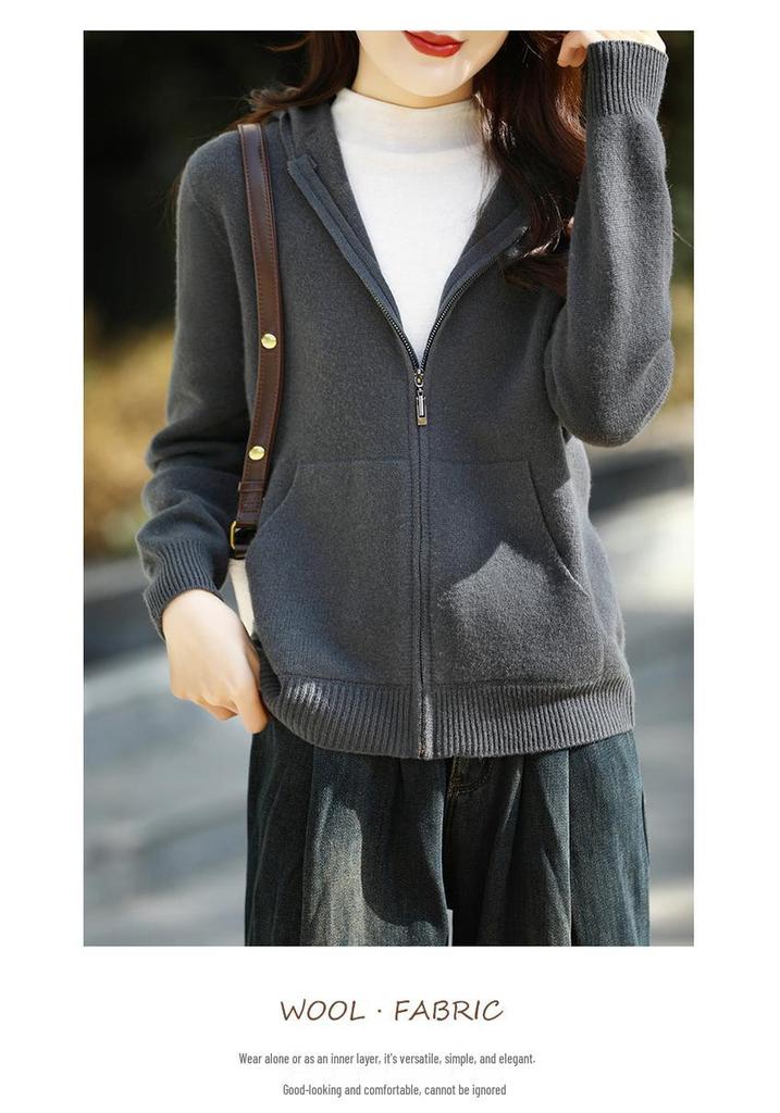 Women's Ready-to-Wear Wool Cardigan: Zipper, Pockets, Hood, Casual Loose Fit, Long-Sleeved. Perfect for Autumn/Winter.