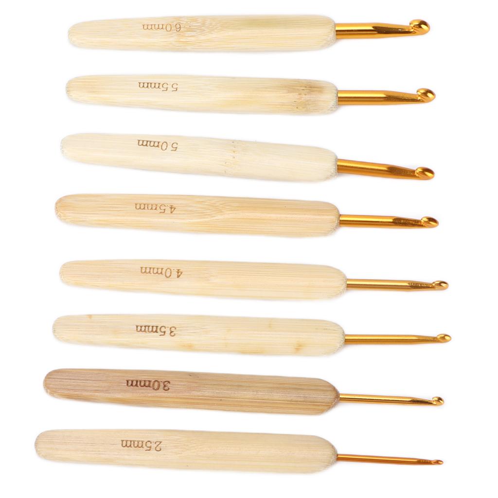 8pcs Crochet Hooks Alumina Needle Bamboo Handle Golden Weaving Tools for Handicraft Lovers