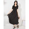 Elegant Pleated Ruffle Dress Women Slim Fit Solid Color Short Sleeve Midi Cake Skirt Office Chic 2025