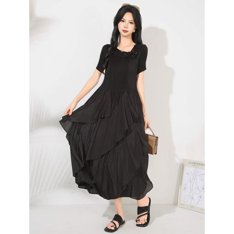 Elegant Pleated Ruffle Dress Women Slim Fit Solid Color Short Sleeve Midi Cake Skirt Office Chic 2025