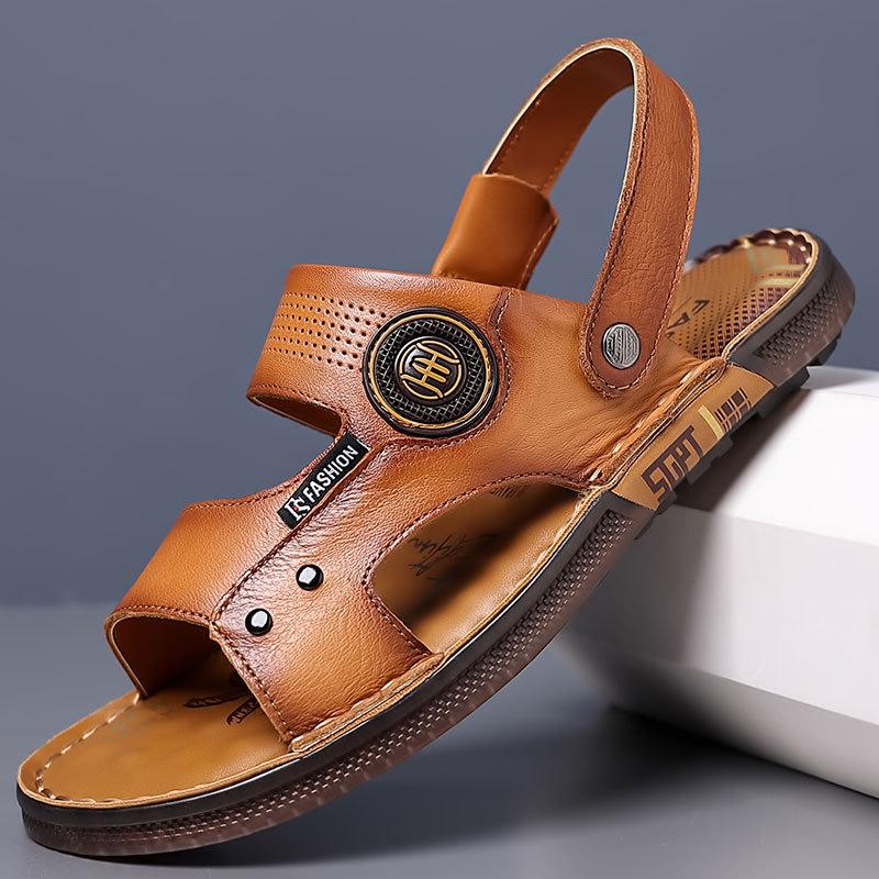 Men's Summer Sandals Leather Beach Shoes Men's Non-slip Leather Sandals Breathable Sandals Beef Tendon Sole Dual-purpose Driving Men's Shoes