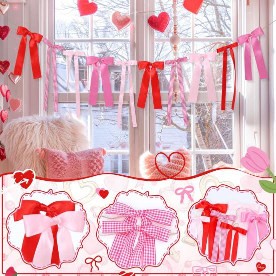 Valentine's Day Bow Garland for Bridal Shower Bachelorette Wedding Engagement Red Pink Ribbon Bow Banner for Mantle Wall Room Decor