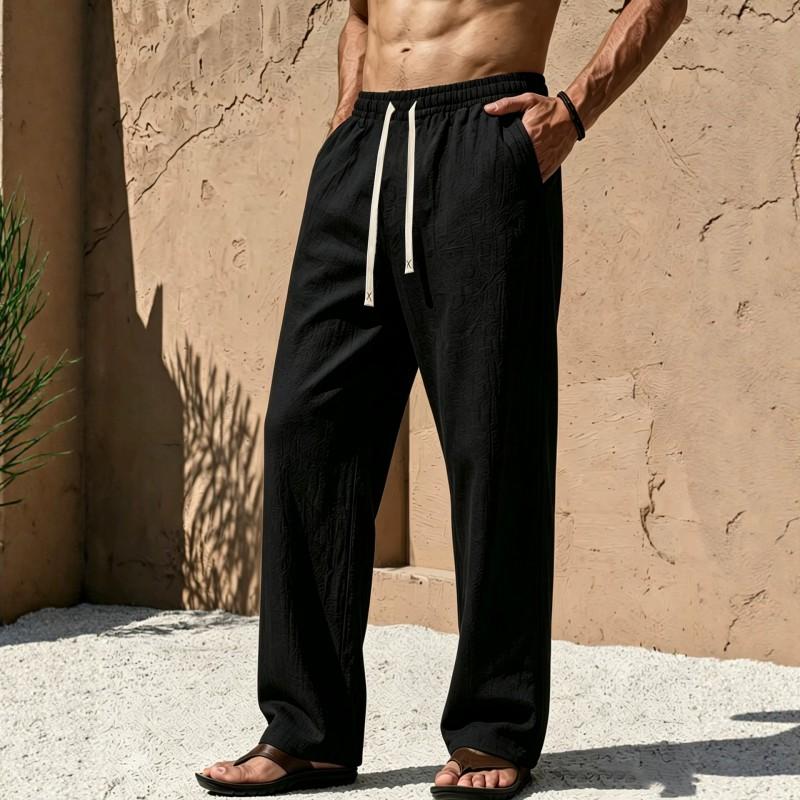 Mens Cotton Linen Loose Fit Pants With Drawstring Waist Breathable Lightweight Beach Vacation Trousers