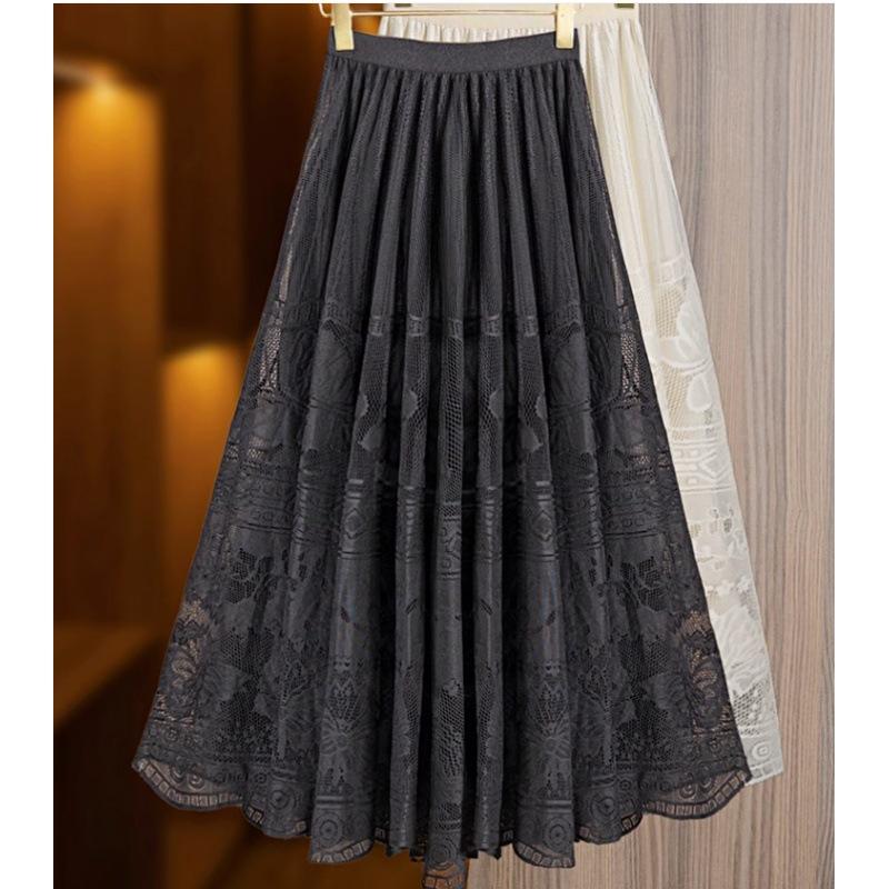 

Модная юбка из сетчатого кружева с ажурным узором, женская, весенняя, с эластичной талией, французская, тонкая, средней и длинной формы, юбка-зонтик А-образной формы L чёрный