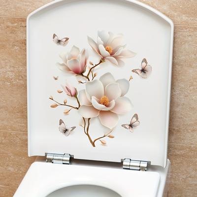 Elegant Floral Toilet Lid Decal - Waterproof PVC, Removable, Self-Adhesive Butterfly Design for Bathroom Decor, Toilet Accessorie