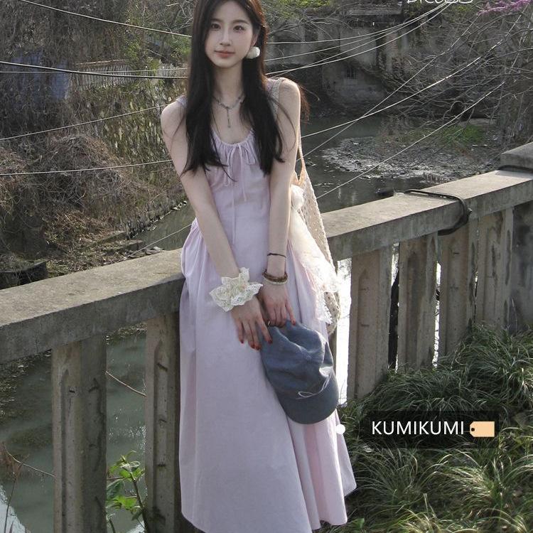 Summer 2026 New Fairy Gentle Wind Purple Pleated Suspender Dress Female Slim Waist A-shaped Skirt Long Dress