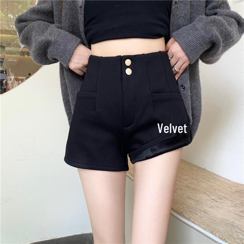 

Женские черные флисовые шорты А-силуэта с высокой талией и широкими штанинами на осень/зиму 2025, повседневные, для миниатюрных S