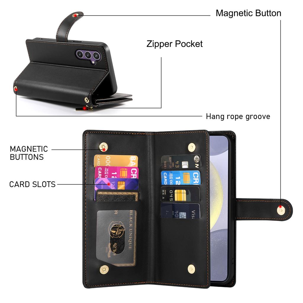 DF-011 For Samsung Galaxy S24+ Case Zipper Pocket Stand Leather Phone Cover with Straps