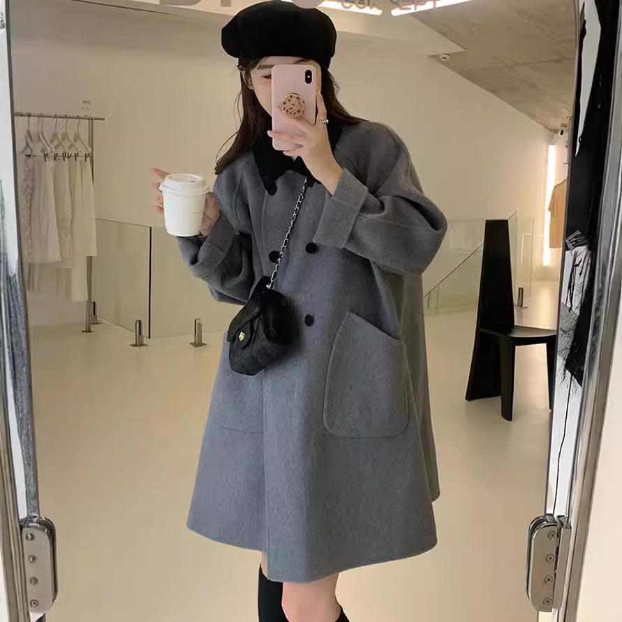 

Женское шерстяное пальто: Элегантная зимняя куртка в корейском стиле с контрастным цветом и внутренним отворотом для миниатюрных размеров. S серый
