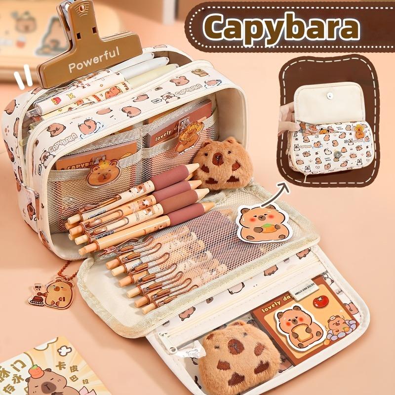 24Pcs capybara canvas pencil case, with doll & stickers, large layered school stationery pouch