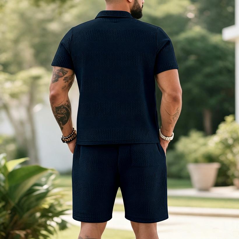 Men's Summer 2 Piece Outfit, Waffle Knit Polo Shirt and Elastic Waist Shorts, Casual Tracksuit for Beach Streetwear