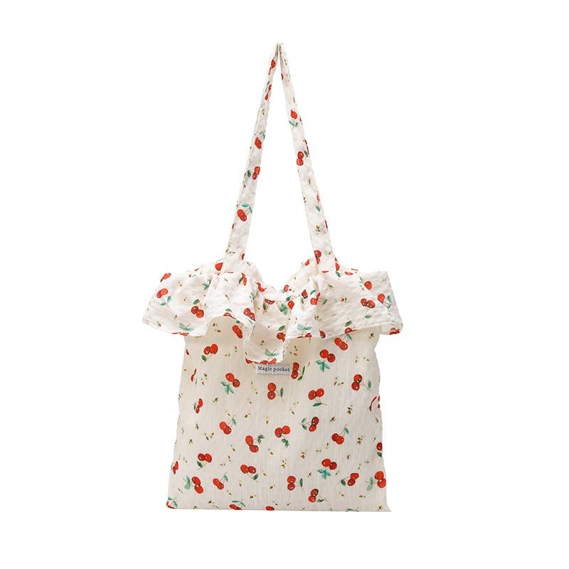 New Cute and Sweet Girl Portable Shoulder Bag Large Capacity Cherry Print Lotus Leaf Edge Tote Bag