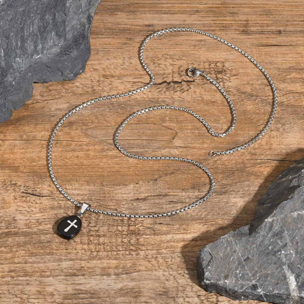 Vnox Natural Black Obsidian Stone Pendant, Small Cross Accent Necklaces for Men Women, Stackable Jewelry