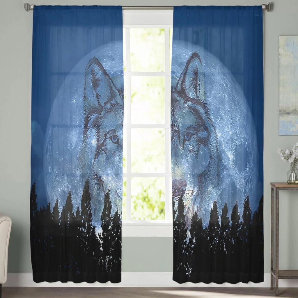 Wolf Night Moon Woods Sheer Curtain for Living Room Hall Wall Dress Up  Home Window Supplies Pop Print Tulle Curtains