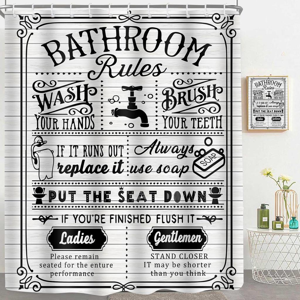 Funny Quotes Shower Curtain Cool Black and White Bathroom Rules Shower Curtains Fun Cute Toilet Sayings Fable Motto Bathroom