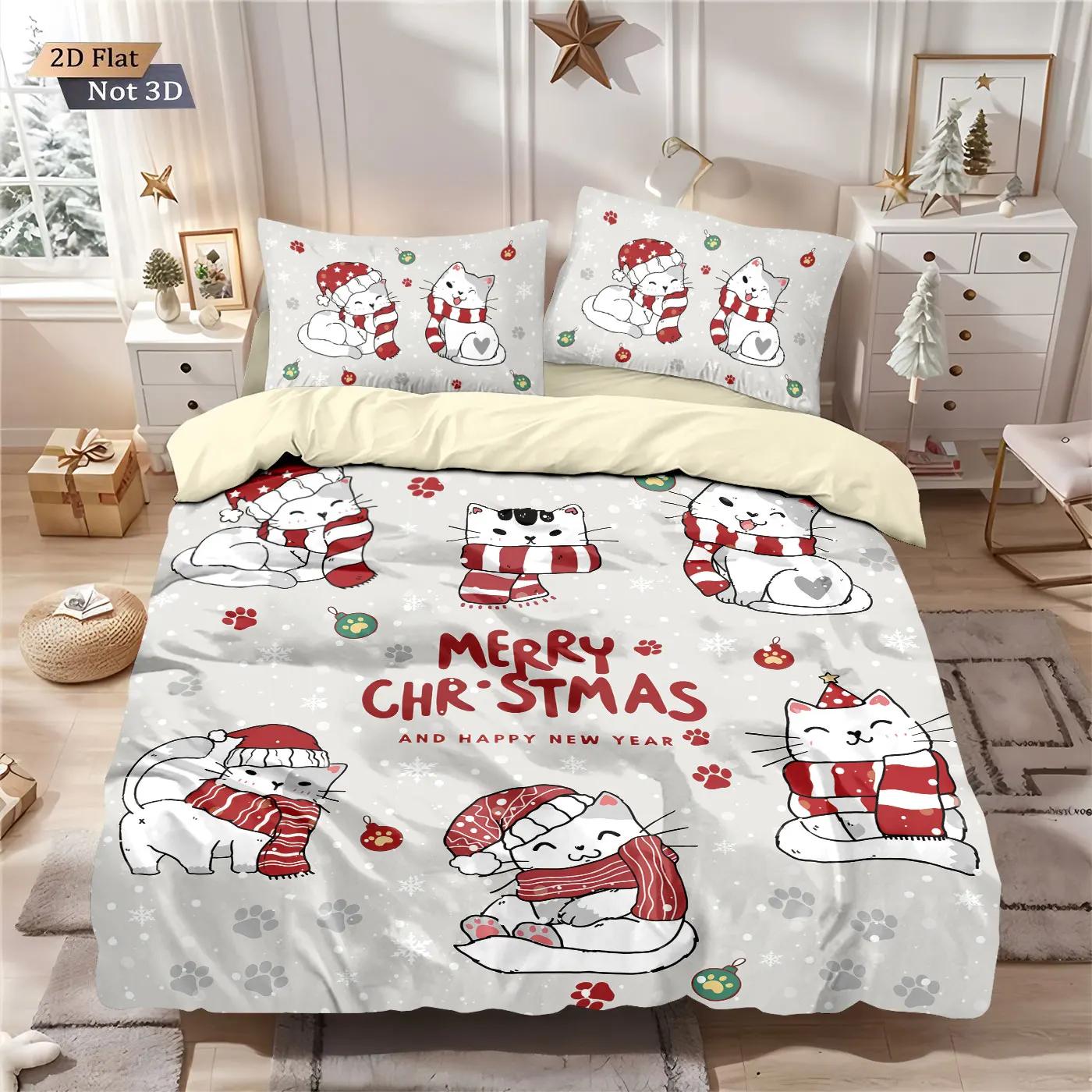 

3pcs Christmas Kitten Bedding Set 3d Printed Chipless Duvet Cover Set, Soft Dormitory Bedroom, Multiple Sizes Christmas Gift Duvet Cover Set&EU Single(135x200cm)