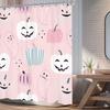 Pink Halloween Shower Curtain Cute Pumpkins Ghosts Cartoon Design Pastel Theme Kids Bathroom Decor Waterproof Fabric Fun Art