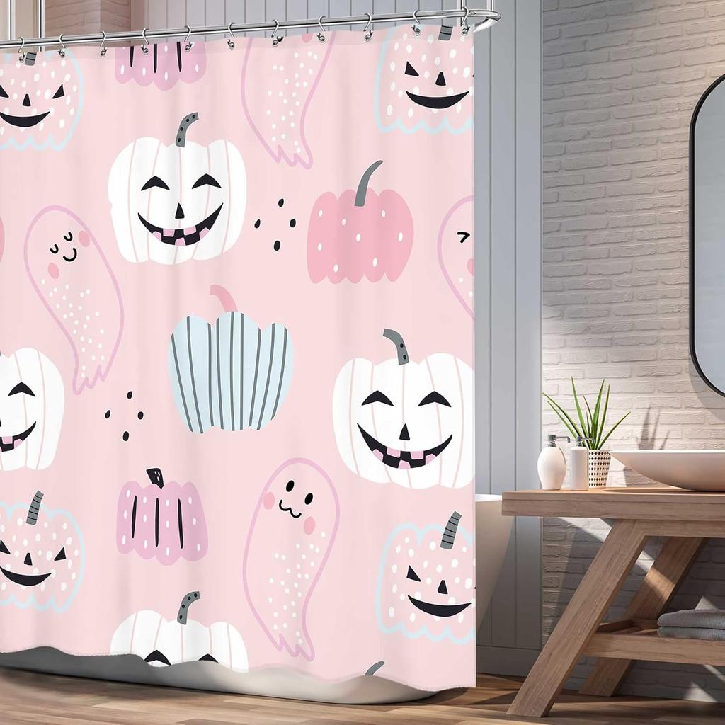 Pink Halloween Shower Curtain Cute Pumpkins Ghosts Cartoon Design Pastel Theme Kids Bathroom Decor Waterproof Fabric Fun Art
