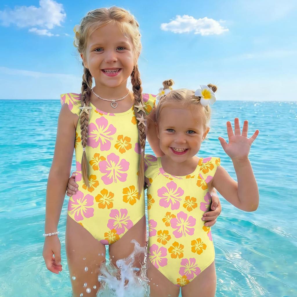Girls One Piece Swimsuit Floral Print Sleeveless Ruffle Shoulder Design Lightweight Comfortable Fabric Suitable for Summer Beach Pool Swimwear