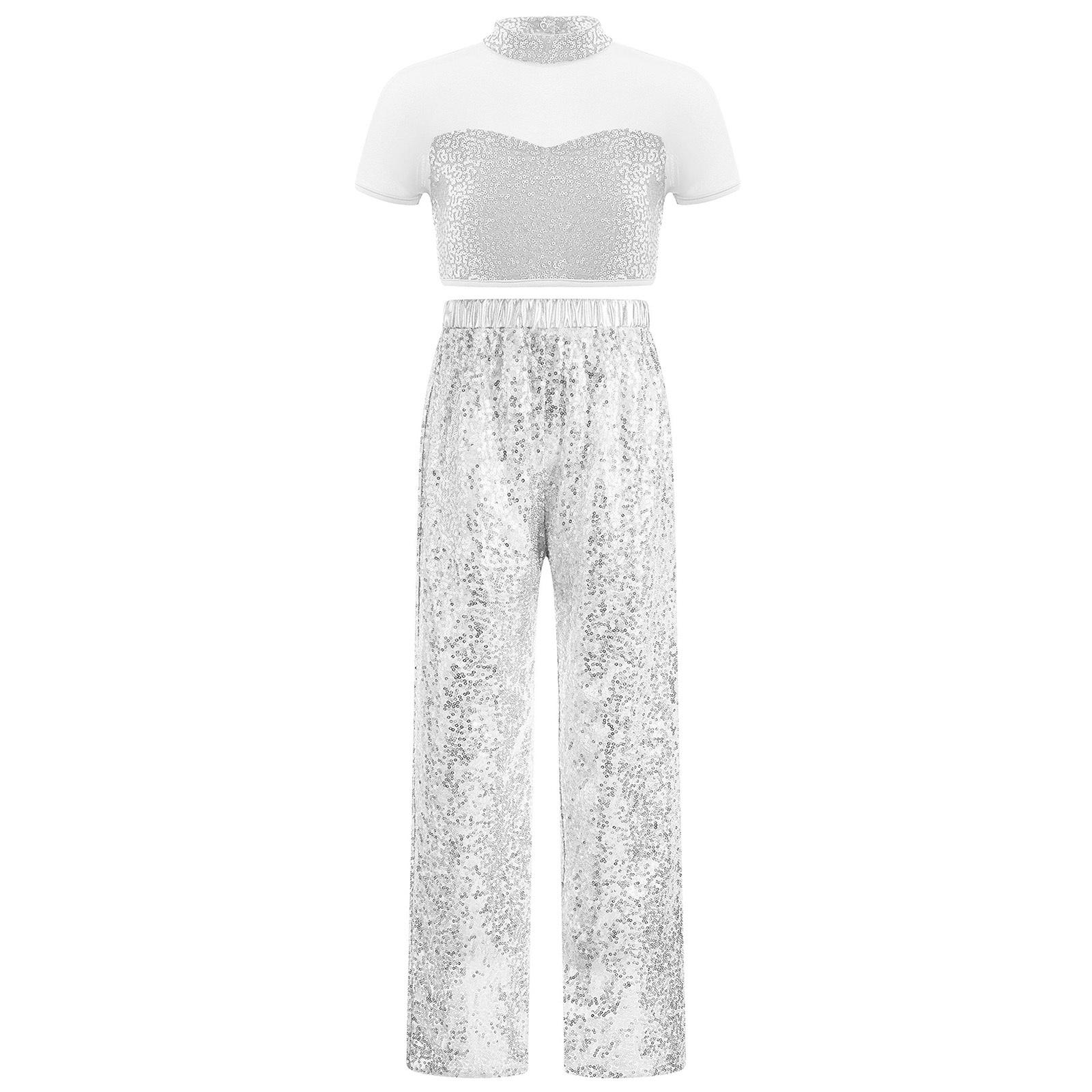 

Girls Latin Jazz Dance Costume Mock Neckline Short Sleeve Mesh Patchwork Cutout Back Shiny Sequins Crop Top Sequined Pants 5-6 Years срібний