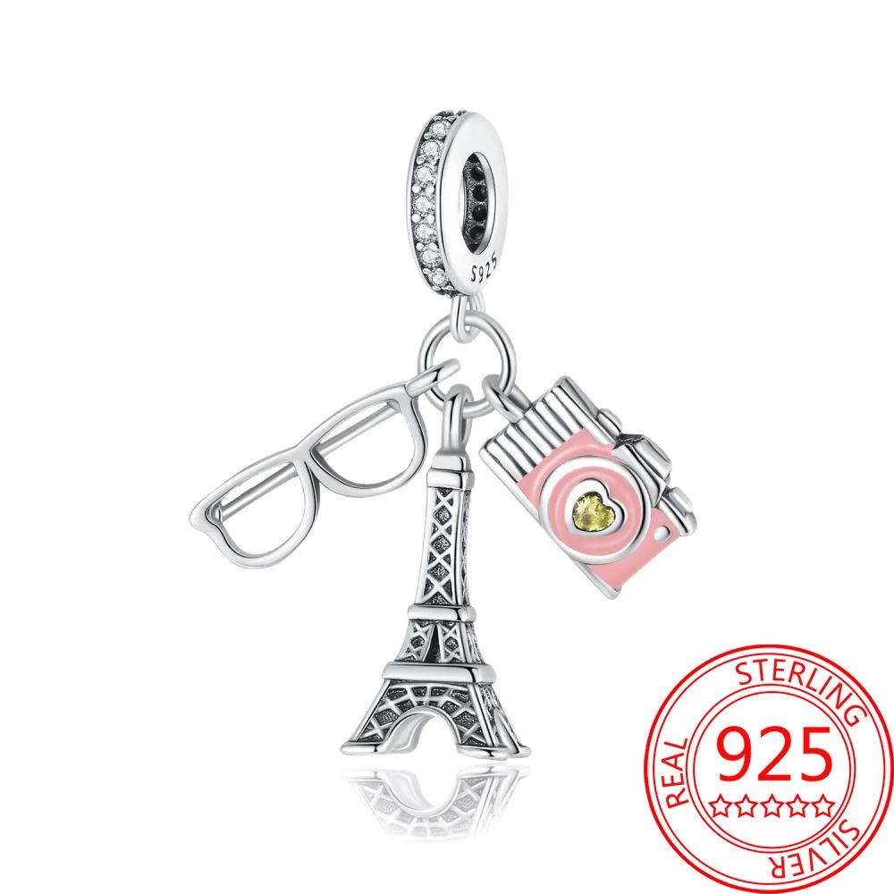 Creative 925 Silver Eiffel Tower Gold Heart Double Charm Fit DlY Bracelet Necklaces Women's Dating Jewelry Accessories