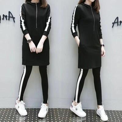 Women's Black Hooded Mid-Length Long Sleeve Two-Piece Set - Autumn/Winter Casual Wear.
