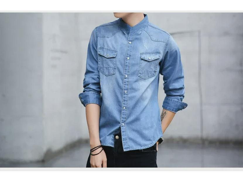 Korejská džínová košile slim fit pro muže, ideální pro jarní a podzimní sezónu