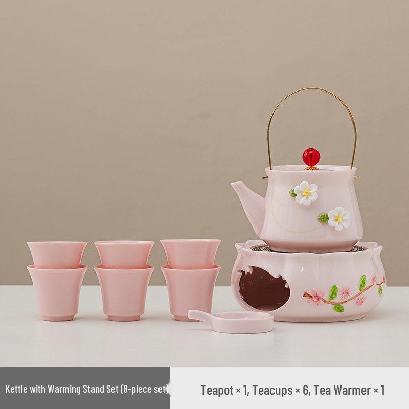 Women's Pink Ceramic Gongfu Tea Set with Teacup, Saucer, and Floral Handle Pot