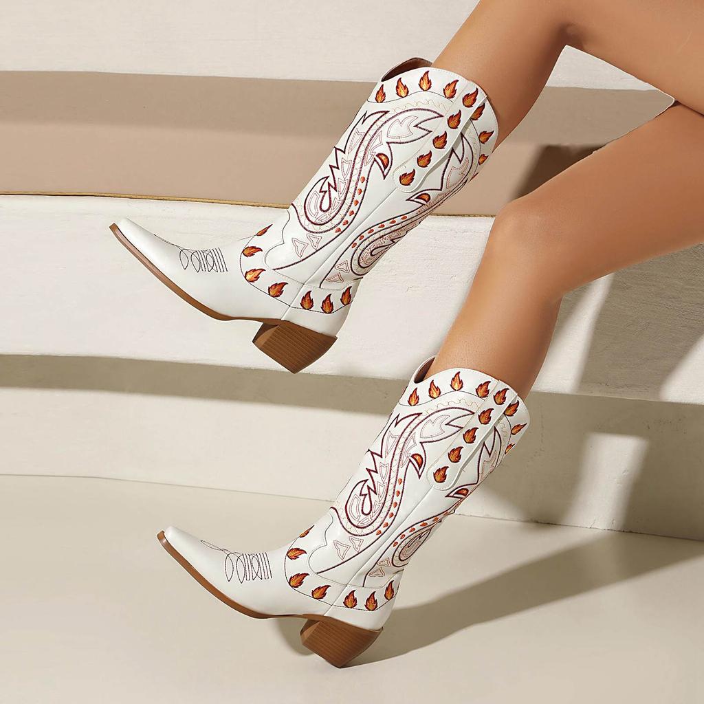 Krazing Po Polyurethane Winter Pointed Toe Western Boots Size 43 Sewing Embroidery Thick Heels Mid-calf Boots