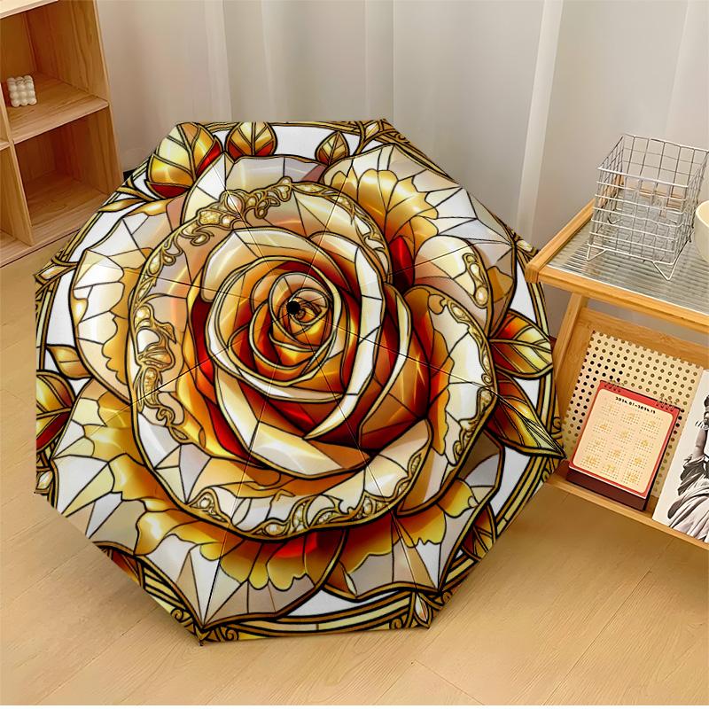 

Golden Rose Ornament Theme Automatic Umbrella Compact 8-Rib Design Sturdy Construction Durable Umbrella Stylish Accessory