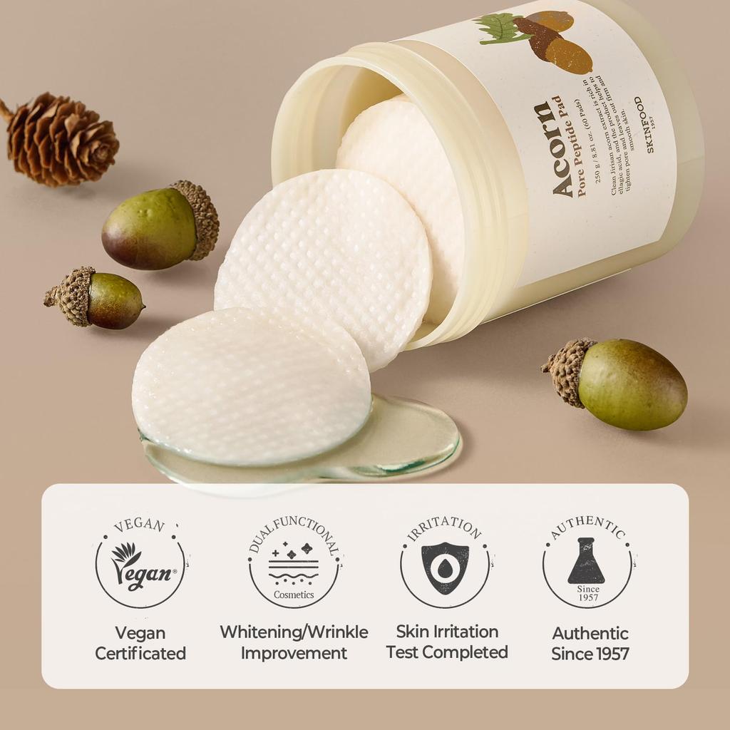 SKINFOOD Acorn Pore Peptide Toner Wiping Korean Skincare Pads, Pads, Pads, (250g/60 Sheets)