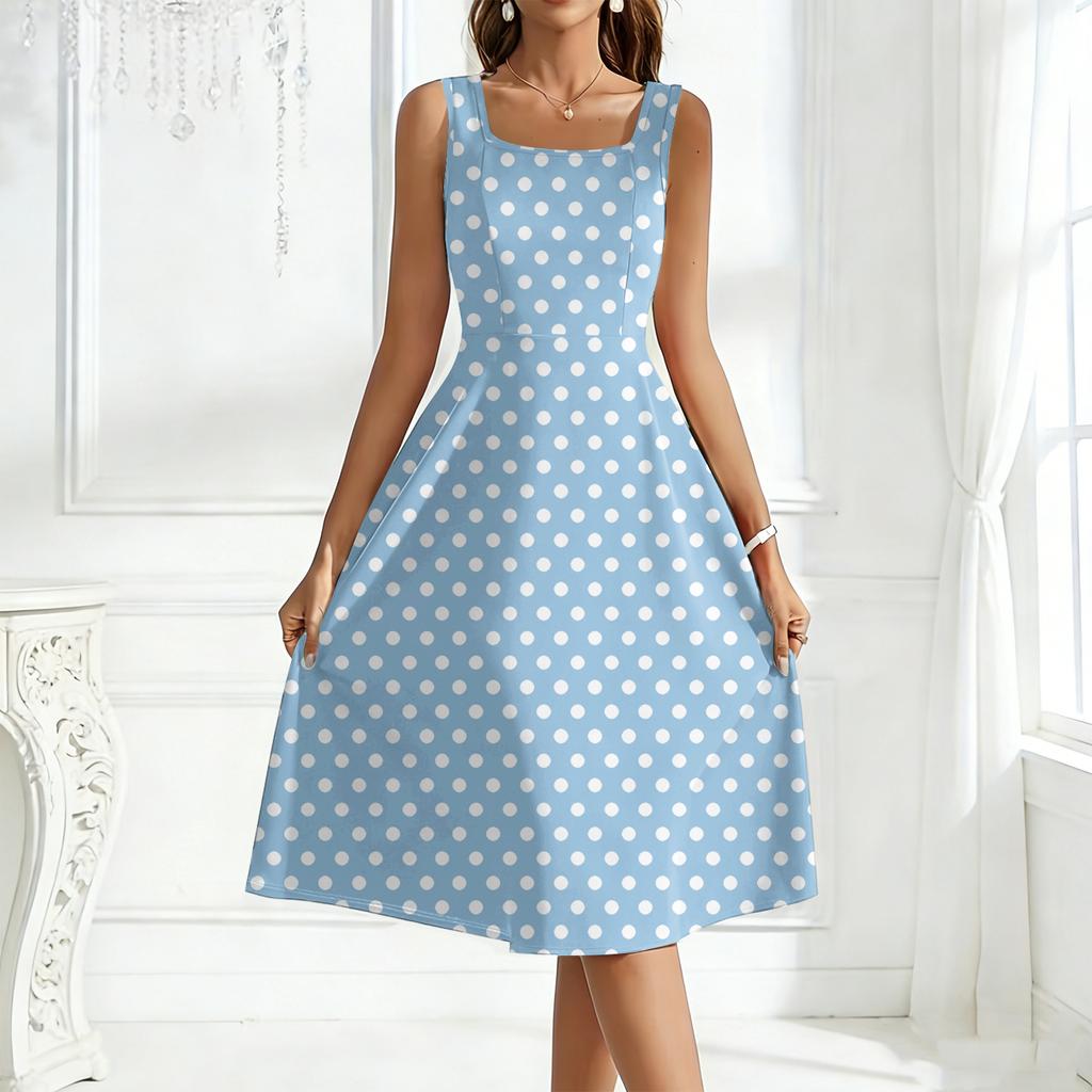 Women's Square-Neck Sleeveless Polka Dot Maxi Dress