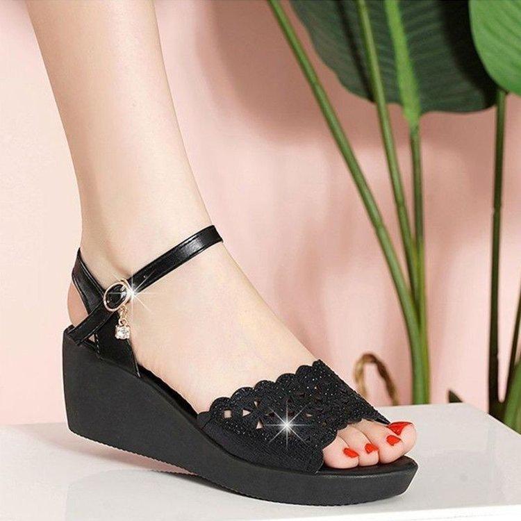 High-heeled wedge sandals summer new waterproof table soft sole one-word buckle non-slip medium muffin sandals