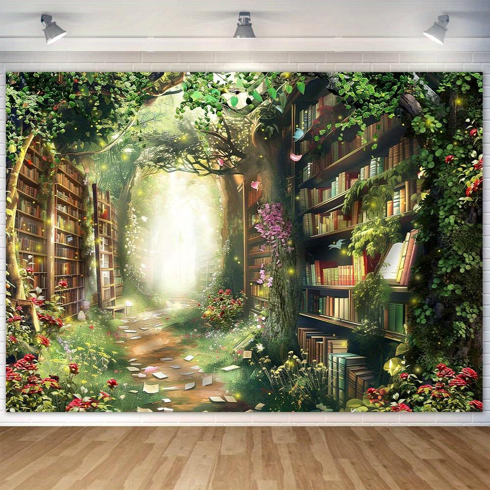 A magical Mulan Library background with magical bookshelves rich greenery and fairy lights etc (as the picture,180X110)