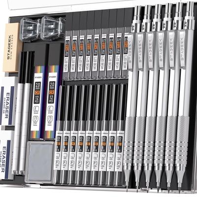 STAGEEK Art Metal Mechanical Pencil Includes 3 Art Drafting Pencils 3 Mechanical Drawing Pencils 384 Leads for and Silver 34-Piece Set, (0.5, 0.7,