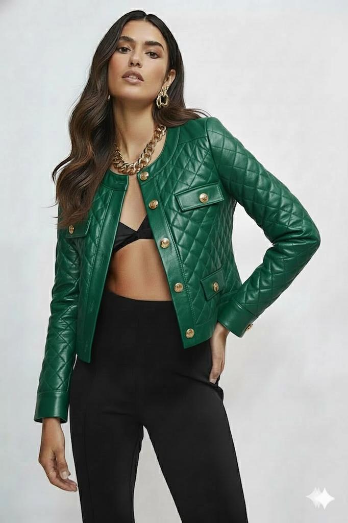 Handmade Green Lambskin Genuine Casual Leather Jacket Women's Motorcycle Stylish