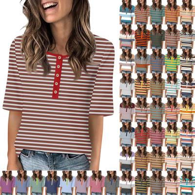 Shirts For Women Trendy Round Neck Button T Shirts Casual Printed Summer Tees T Shirt Blouse Half Sleeve Tops For Women