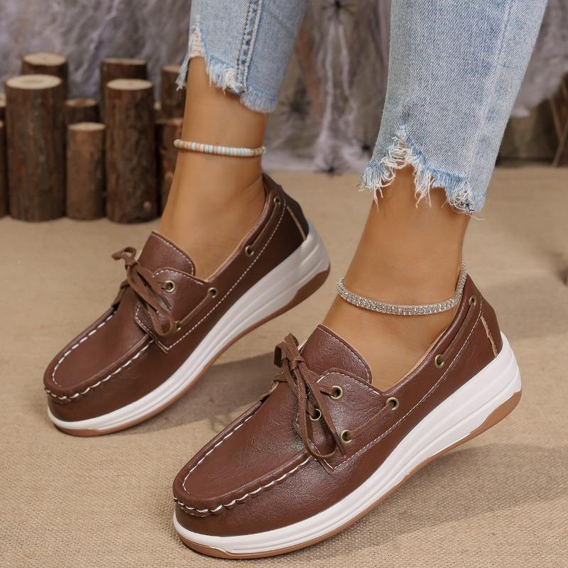 Women's Vintage Lace Up Platform Loafers Brown PU Leather Casual Shoes Woman Lightweight Comfortable Low Top Sneakers Plus Size