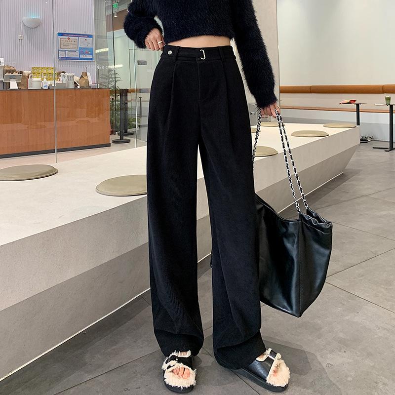 

Узкие широкие брюки для женщин, осенние новые повседневные брюки в стиле ретро с высокой талией, прямые брюки с драпировкой M чёрный