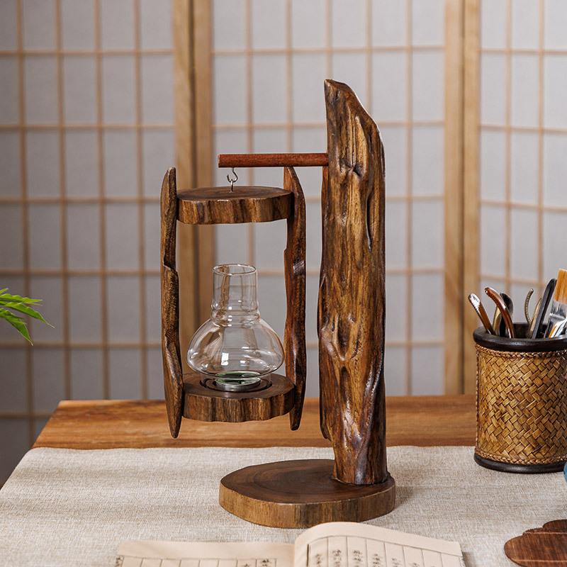 Thai Style Wooden Candle Lantern, Retro Southeast Asian Glass Hurricane Lamp, Outdoor Windproof Feng Shui Decor for Garden