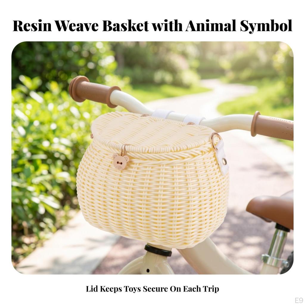 Detachable Front Bike Basket with Lid Multipurpose, Woven Lid, for Balance Bikes Brown