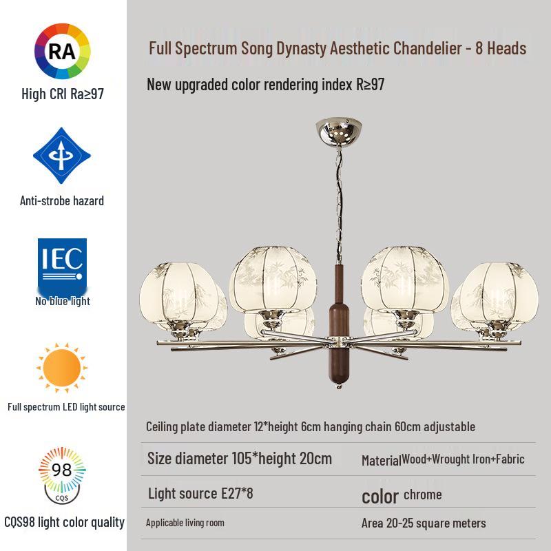 Song Dynasty-Style Chandelier: Retro Nanyang Design with Fabric and Walnut Wood for Living Room, Bedroom, or Dining Room