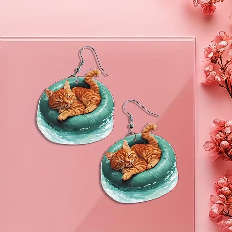 

Cute Kitten Acrylic Earrings - 2D Flat Animal Design with Creative Cool Cat Swimming Ring Single Acrylic Earring (No Hook)
