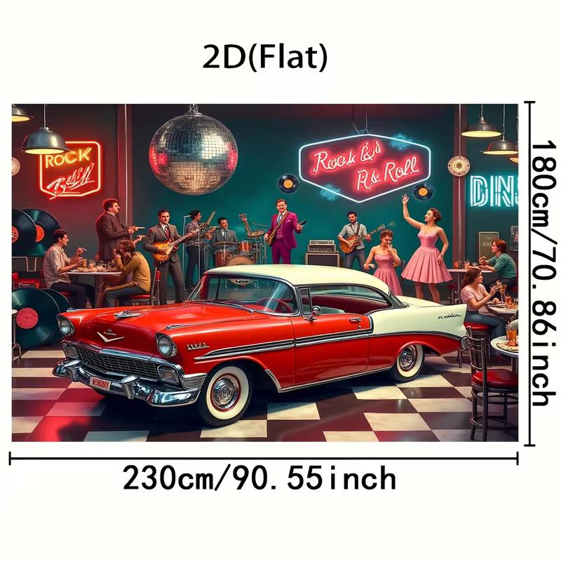 2D Retro Rock N Roll Diner Backdrop for 50s Themed Birthday Party Photoshoot