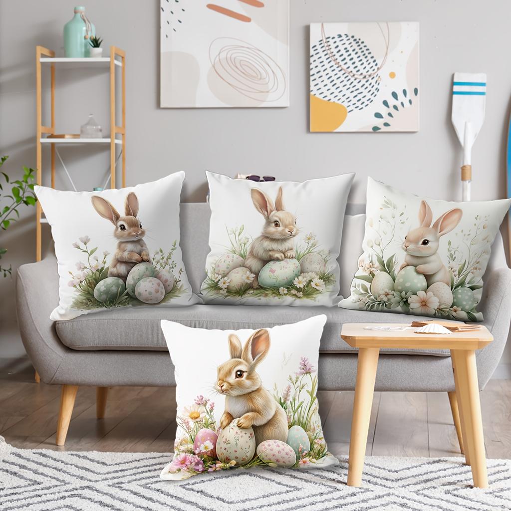 Easter Bunny Pillow Covers Decorate Polyester 100% Zipper Closure Printed Cushion Cases for Home & Office Decor Pillowcase