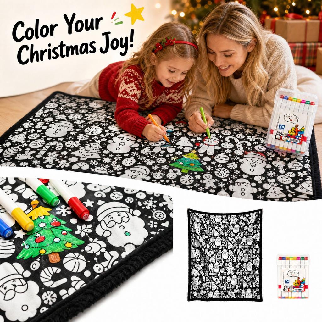 Christmas Coloring Tablecloth with Color Markers, DIY Gift for Kids Family Holiday Activity