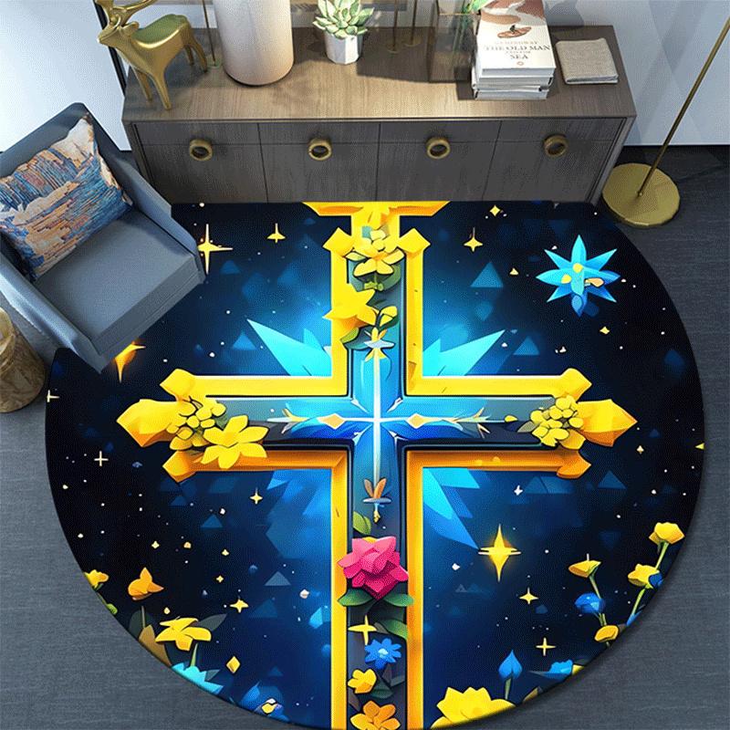1pc Soft, Absorbent & Non Slip Cross Covered with Flowers Round Rug Soft Circle Rug for Living Room & Bedroom Decor, Chair Mats, and Unforge