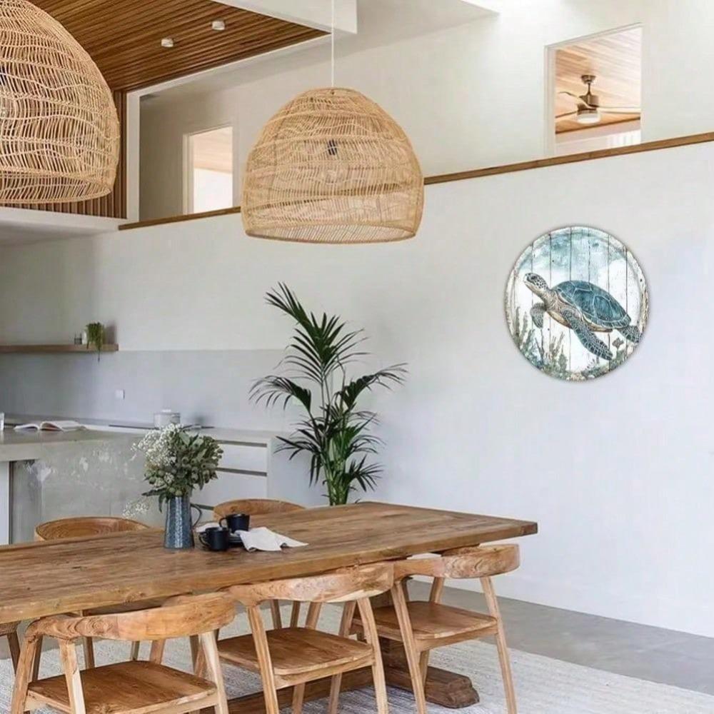 20cm Round Tin Sign Cheerful Sea Turtles Coastal Wall Decor